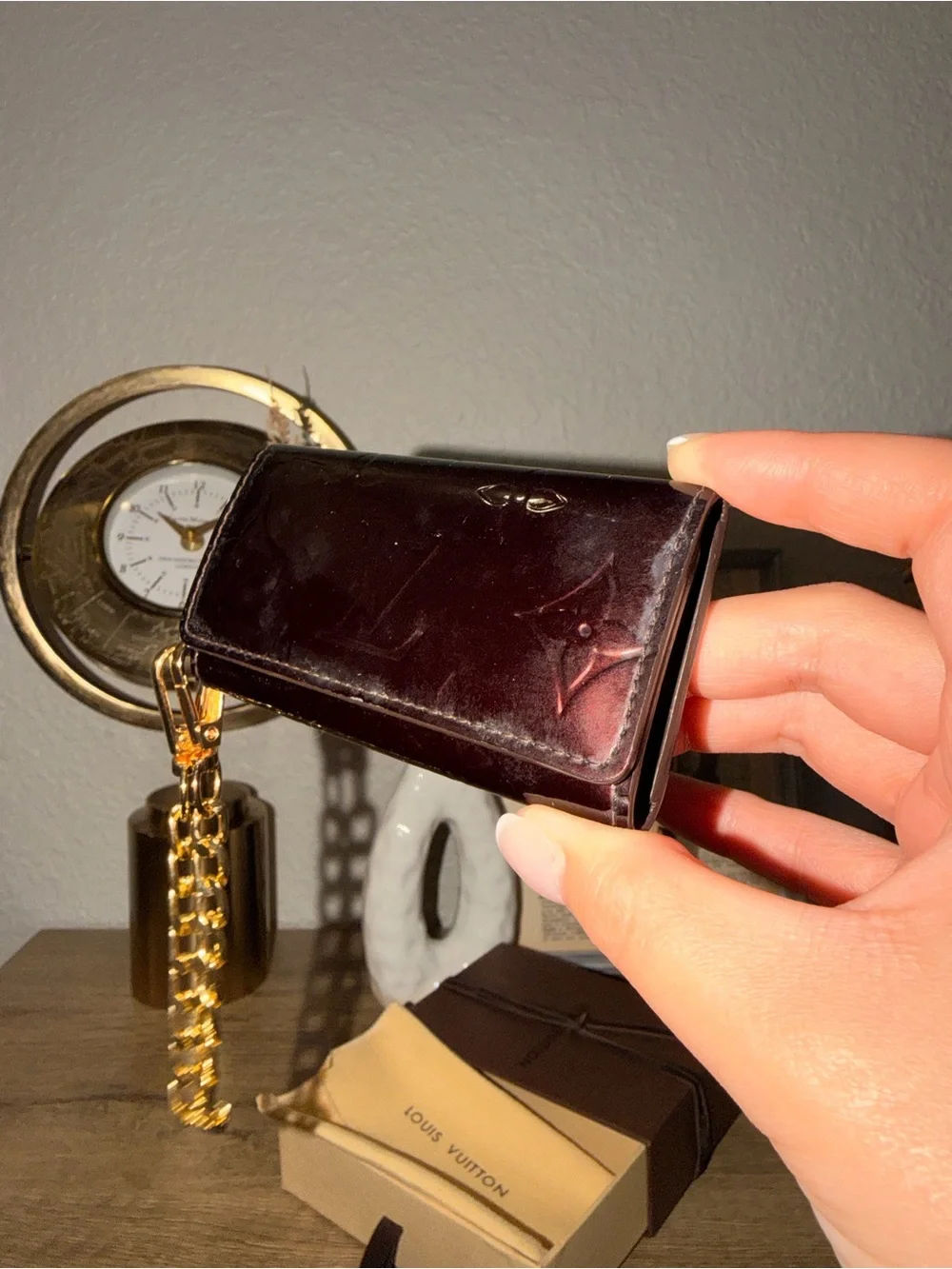Louis Vuitton Burgundy Vernis Monogram Key Pouch with Gold Chain